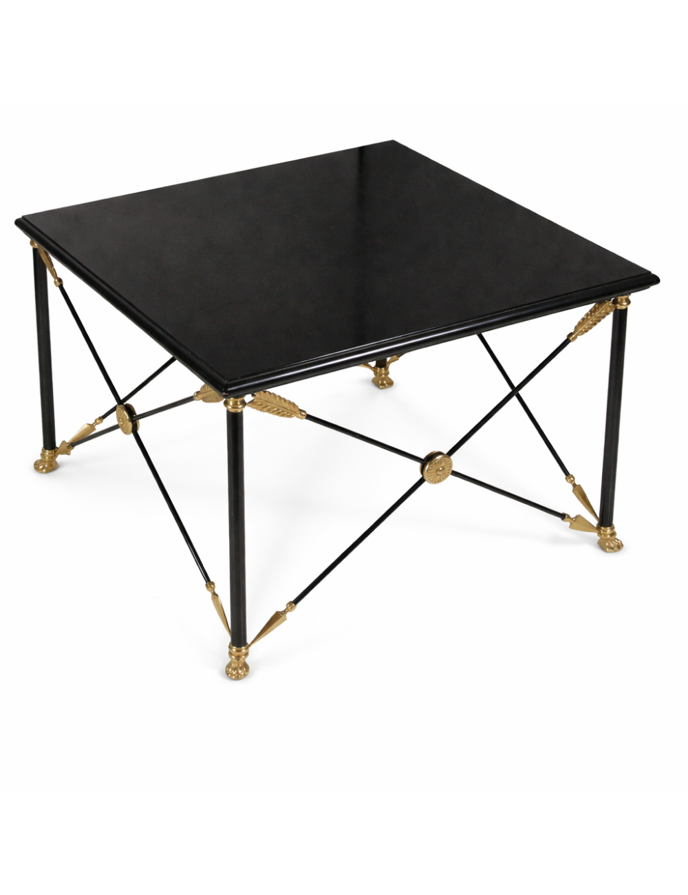 Tavolino moderno quadrato nero, basamento in ferro con inserti in ottone, piano in legno laccato