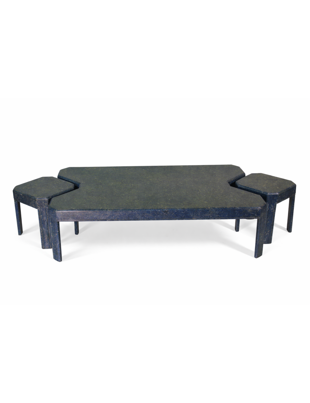 Tavolino rettangolare con due servant, laccato blu marmorizzato