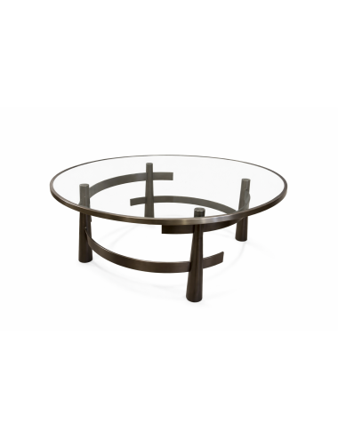 Tavolino moderno con struttura in ottone bronzato e piano in cristallo diametro cm  120