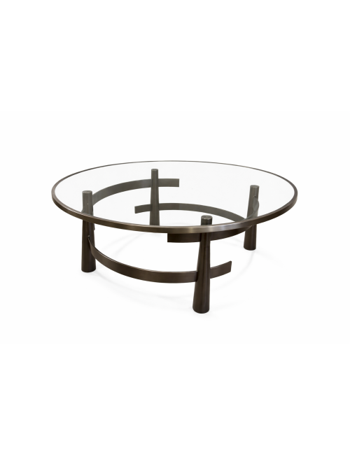 Tavolino moderno con struttura in ottone bronzato e piano in cristallo diametro cm  120