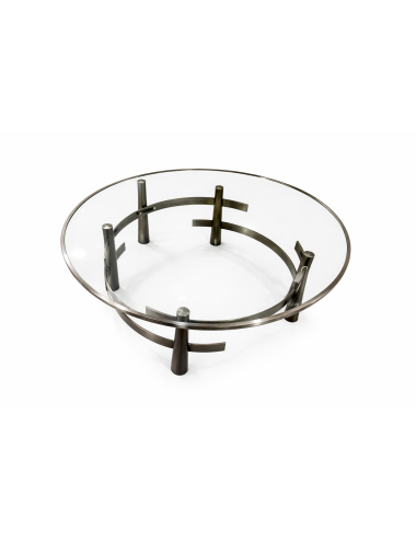 Tavolino moderno con struttura in ottone bronzato e piano in cristallo diametro cm  120