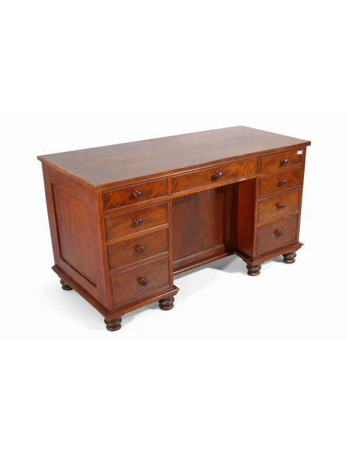 Scrivania Vittoriana in mogano e piuma di mogano con cassetti e antina