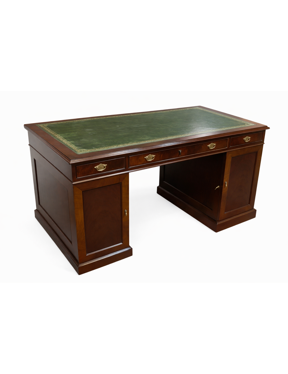 Scrivania Vittoriana a ponte con cassetti e piani in pelle verde / oro