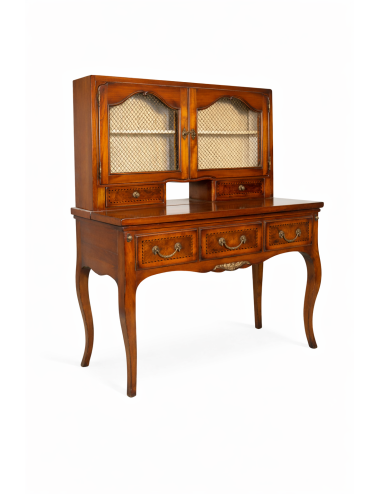 Scrivania moderna in ciliegio con piano ribaltabile e tre cassetti con intarsi e decori in ottone