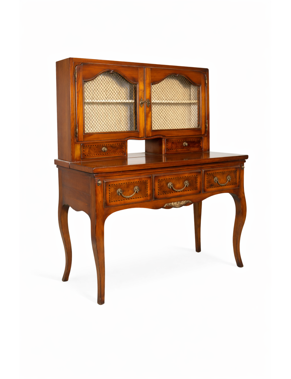 Scrivania moderna in ciliegio con piano ribaltabile e tre cassetti con intarsi e decori in ottone