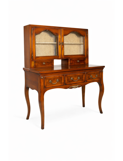 Scrivania moderna in ciliegio con piano ribaltabile e tre cassetti con intarsi e decori in ottone