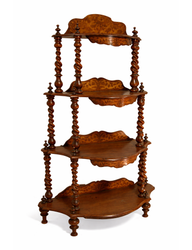 Etagère Vittoriana noce con colonnine tornite a torchon, quattro ripiani con modanatura di decoro con intarsi