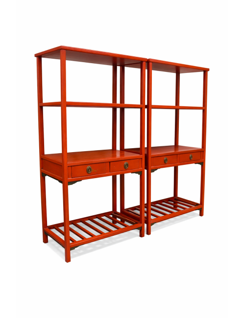 Scaffale in legno laccato colore rosso , tre piani e due cassetti