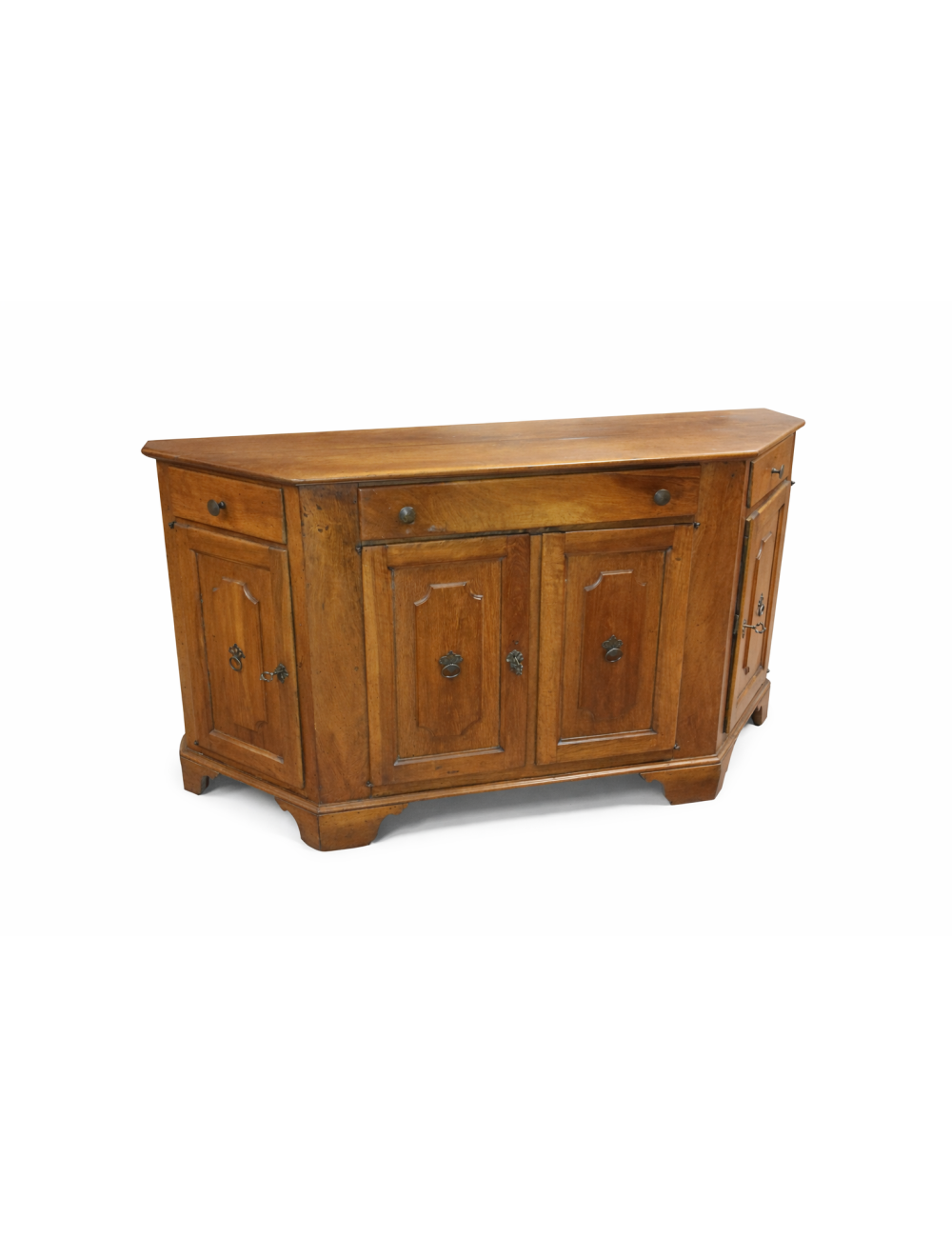 Credenza piemontese in noce smussata lateralmente ,con tre quattro ante e tre cassetti, fine '700 d'epoca.