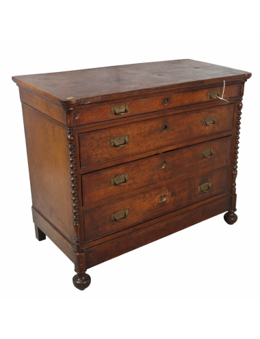 Cassettone lombardo con colonne tornite in noce/radica, con quattro cassetti.