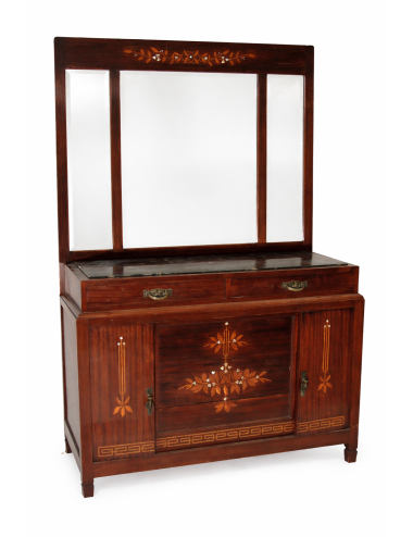 Cassettiera in stile Liberty con specchio in palissandro con intarsi in legno ciliegio e madreperla