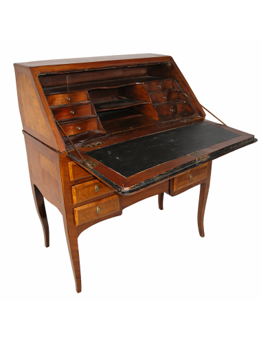 Ribalta epoca Luigi XV in ciliegio e intarsi in bois de rose con piano in pelle