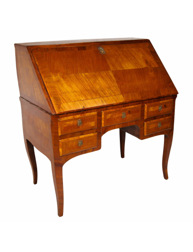 Ribalta epoca Luigi XV in ciliegio e intarsi in bois de rose con piano in pelle