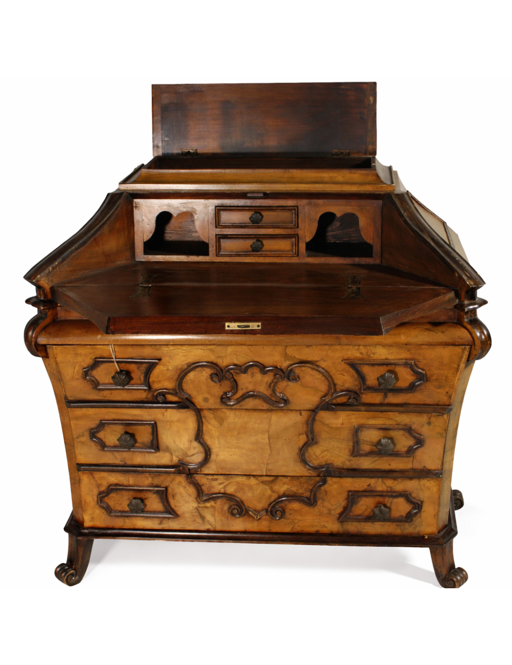 Three-drawer lomb. style shelves in walnut-root with modern eboniz. profile