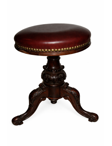 Sgabello epoca Vittoriana per pianoforte in pelle bordeaux