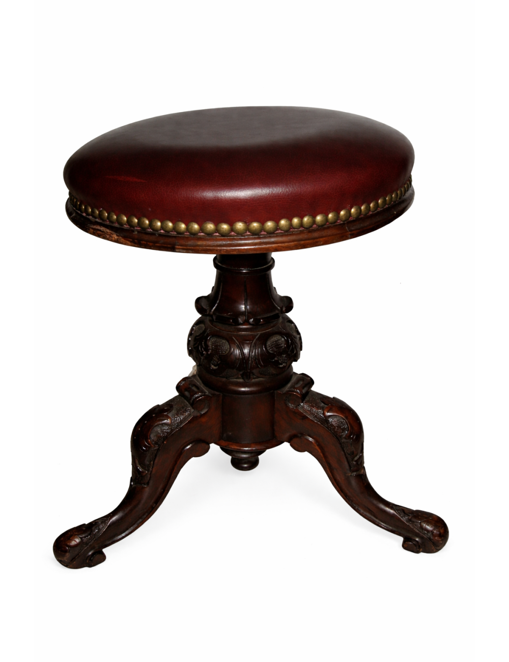 Sgabello epoca Vittoriana per pianoforte in pelle bordeaux